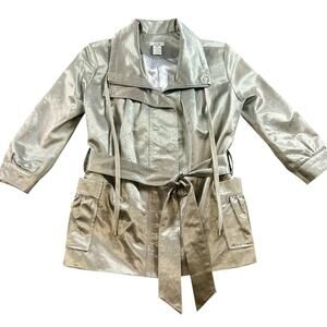 Cache Silver Metallic Belted Jacket Womens XS Shimmer Zip Front Lined